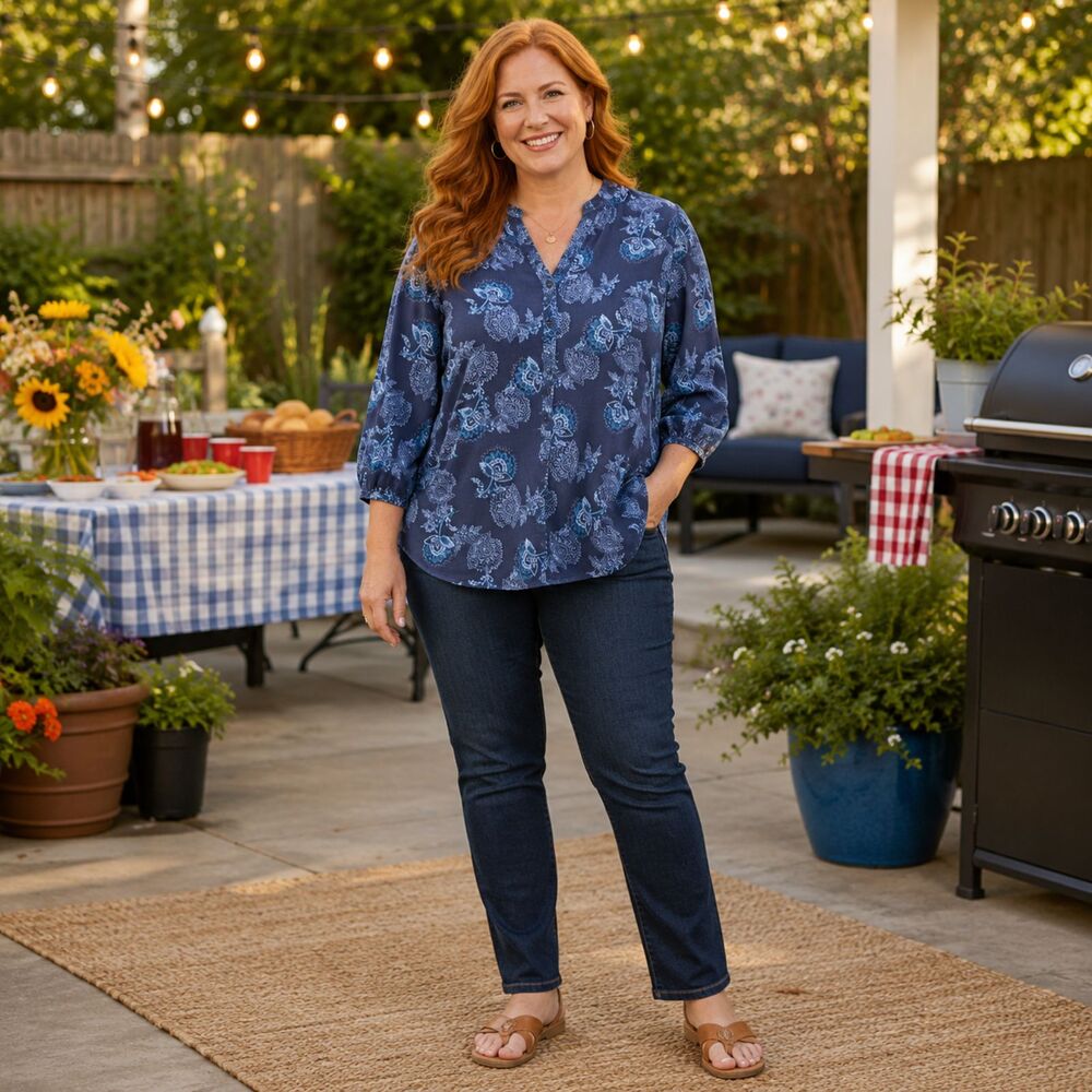 Croft & Barrow Blue Paisley Button Front Blouse XL 3/4 Sleeve Cotton Top